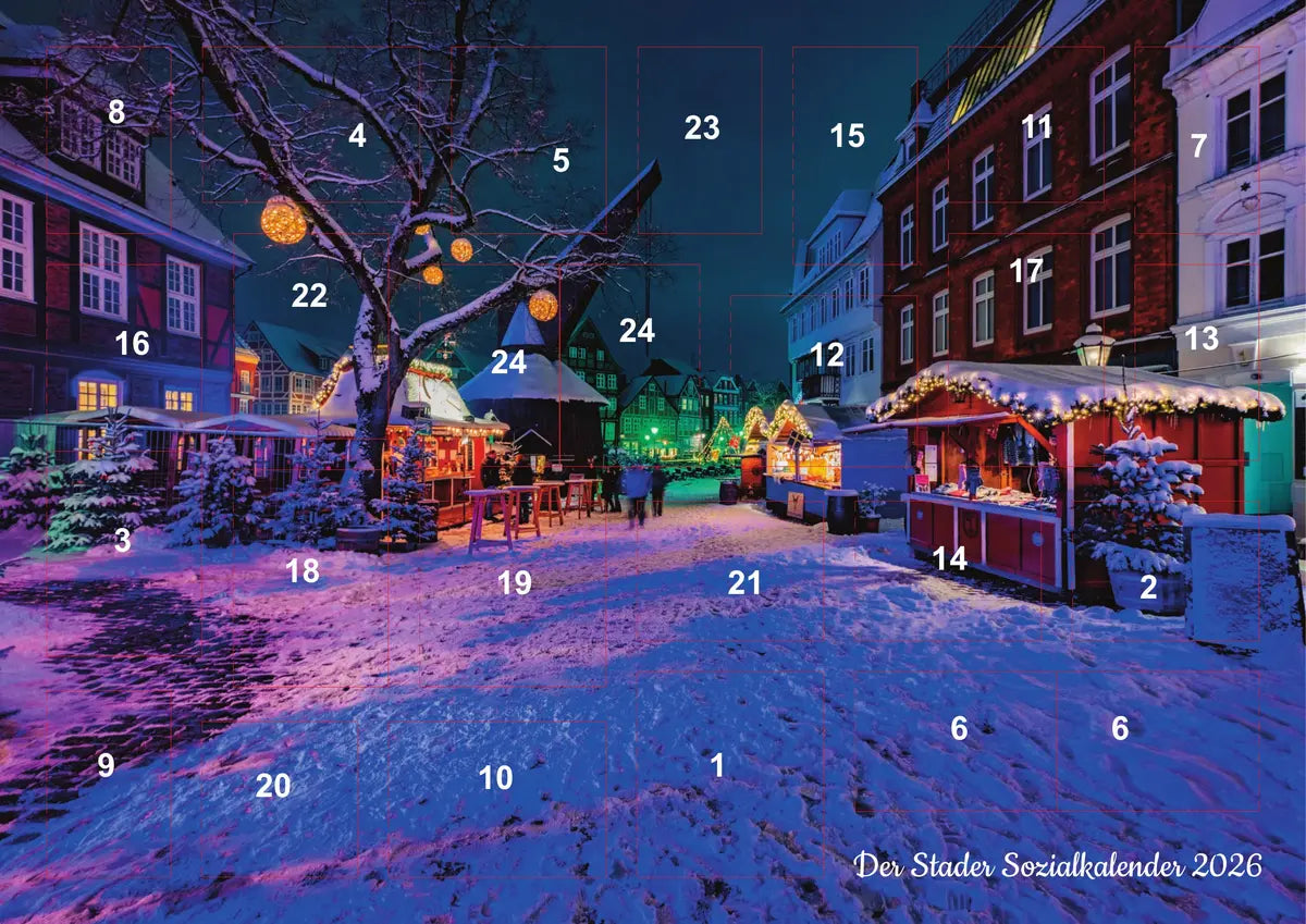 Der Stader Adventskalender 2026: der Fischmarkt im Schnee mit 24 Türen