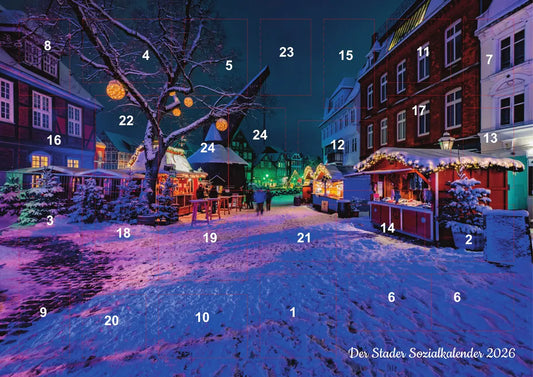 Der Stader Adventskalender 2026: der Fischmarkt im Schnee mit 24 Türen